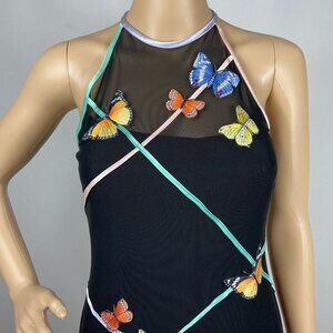 Y2K 90s Vtg Cache Embroidered Butterfly Mesh Maxi Dress Sz S High Neck Baddie